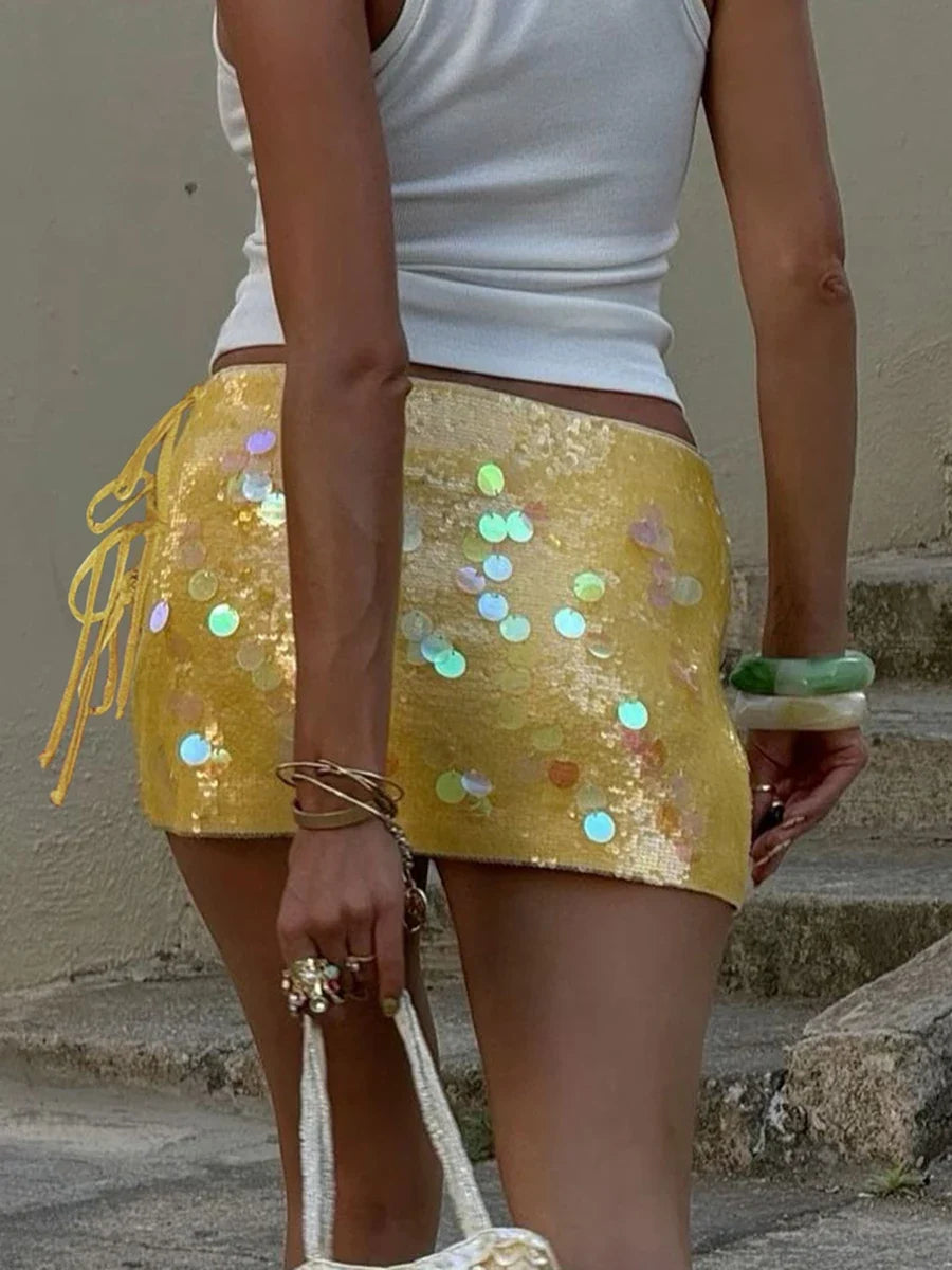 Women's Summer Solid Color Mini Sequins Skirts High Waist Side Split Tie Up Skirt for Daily, Travel, Parties