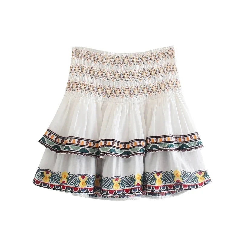 Batwing Sleeve Women Autumn Embriodery Paisley Print Skirt Set Outfits V Neck Button Tiered Mini Skirt Dress Suit Vintage Set