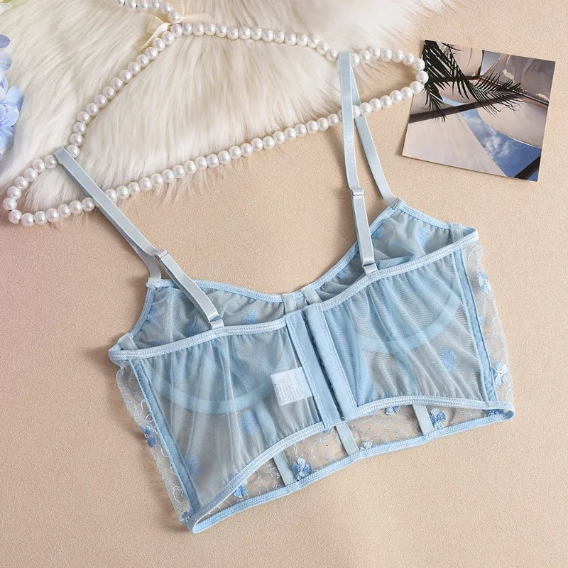 Toucheart Sexy Lingerie Mesh Embroidered Flowers Underwire Fishbone Sexy Floral Transparent Lace Underwear Sexy Lingerie Suit