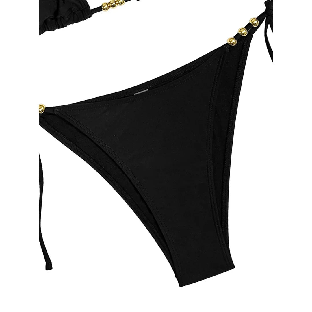XS - L Halter Metal Bead Bikini Women Swimwear Female Swimsuit Two-Pieces Bikini Set High Leg Cut Bather Bathing Suit Swim V7618