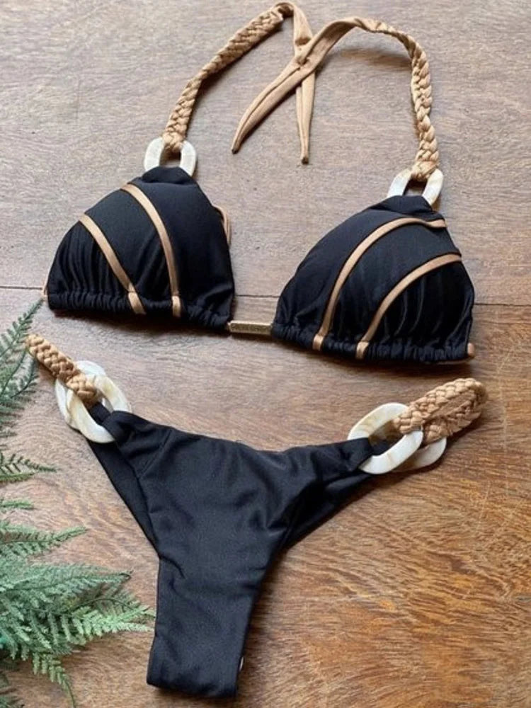 Splicing Halter Knitted Bikini Women Swimwear Female Swimsuit Two-pieces Bikini Set Brazilian Bather Bathing Suit Swim Beachwear