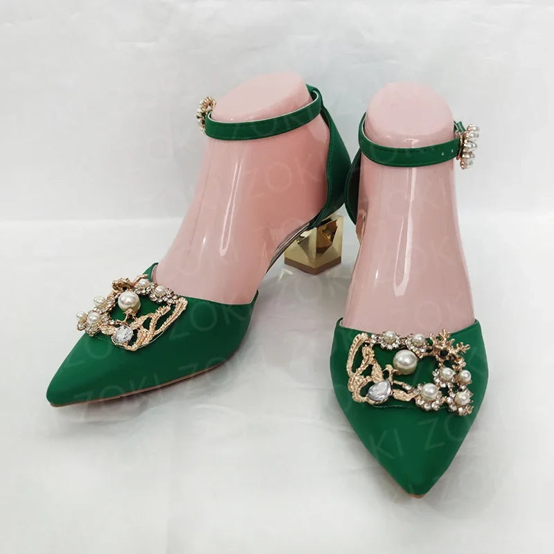 ZOKI Fashion Pearl Buckle Square Heels Pumps Women Pointed Toe Bling Crystal Party Shoes Woman Elegant Med Heels Bride Shoes