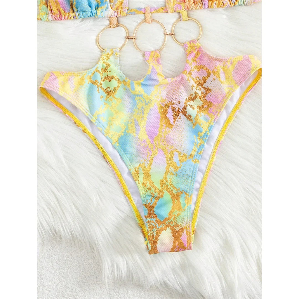 S - XL Printed Halter Metal Rings One Piece Swimsuit Women Swimwear Female Monokini High Leg Cut Bather Bathing Suit Swim V7721