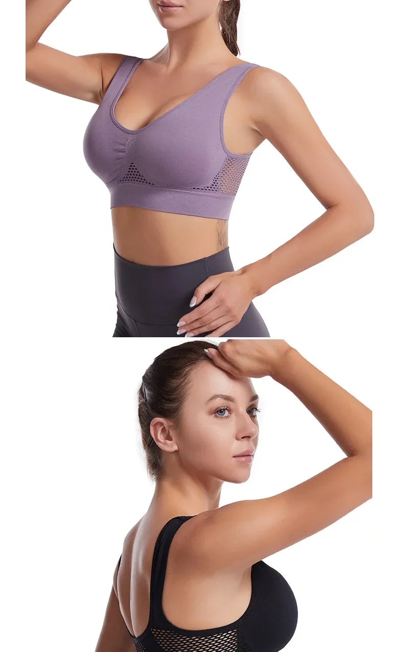 Sports Bra Women Hollow Mesh Gym Jogging Crop Top Female More Size Tops Yoga Fitness Vest Sujetador Push Up Sport Bras for Women