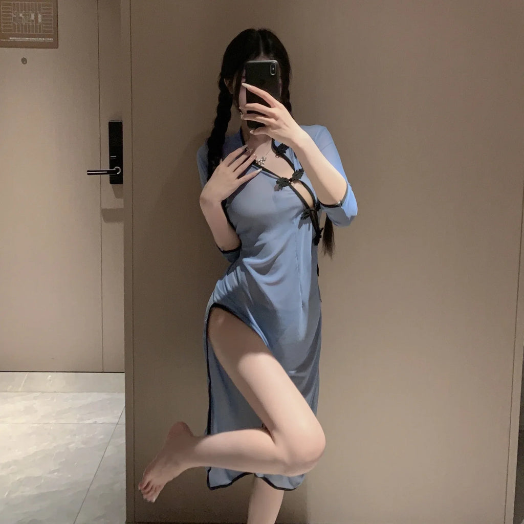Sexy Cheongsam Lingerie Set Pure Desire Style Dating Outfit Easy-off Uniform Seductive Nightwear for Small Bust Intimate Lingeri