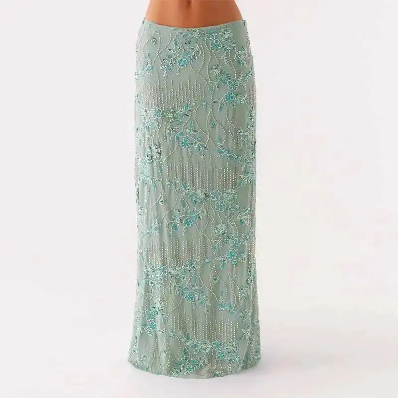 Sexy Beading Sequined Long Skirt Women Solid Low Waist Slim Straight Skirts Female Summer Lady Chic Beach Vacation Clothes JO6M