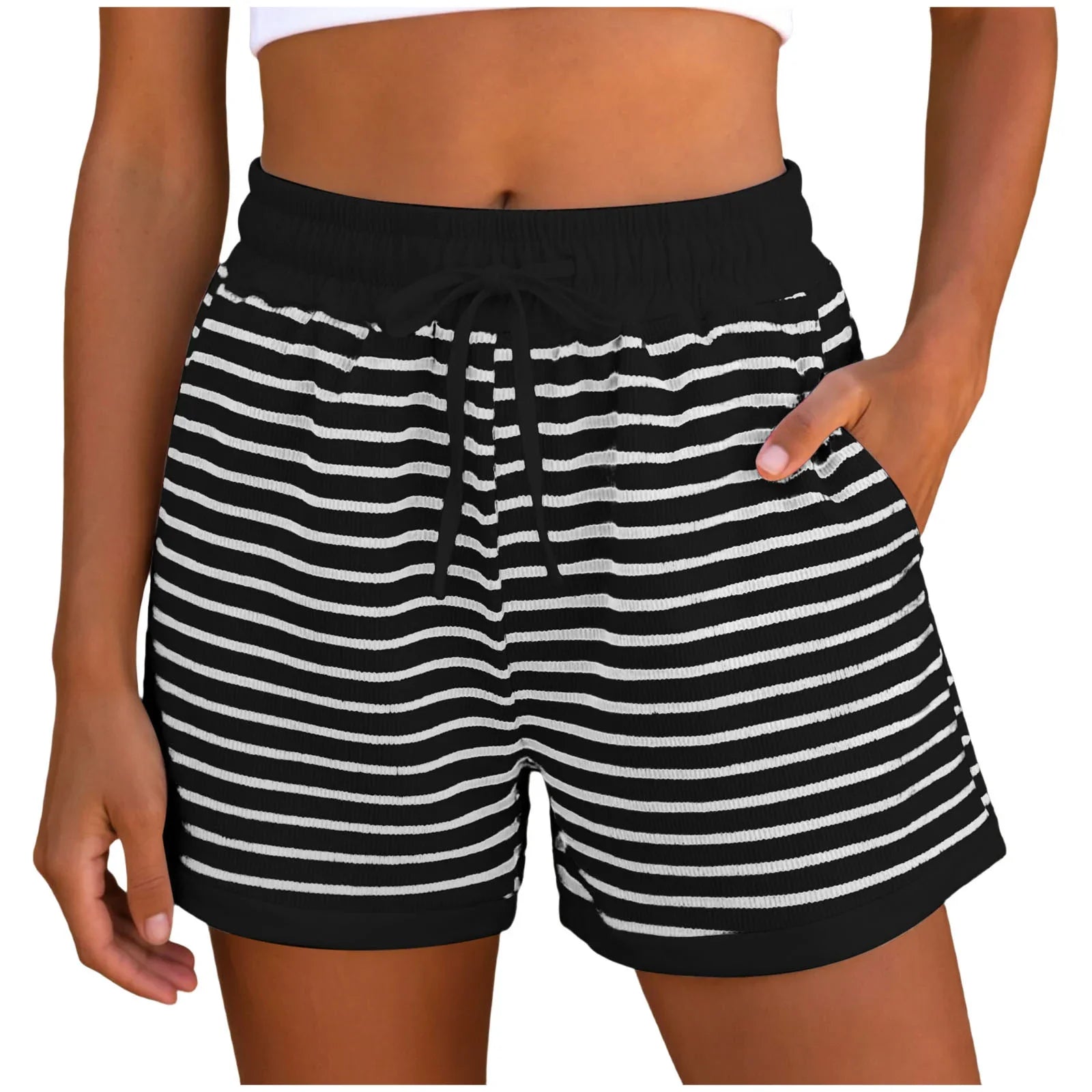 Y2k Cute Contrast Color Elastic High Waist Striped Shorts Women Drawstring Summer Shorts With Pockets Loose Fit Ribbed Shorts