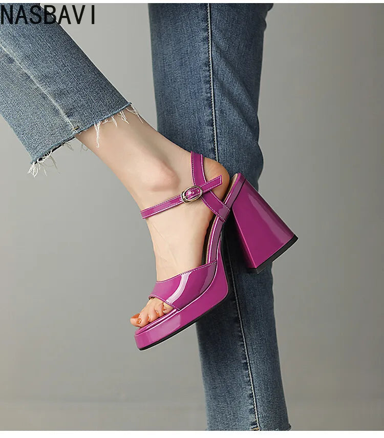 NASBAVI Women Patent Leather Sandals Super Chunky High Heeled Ankle Buckle Shoes Platform Summer Thick Heel Sandal Ladies 35-43