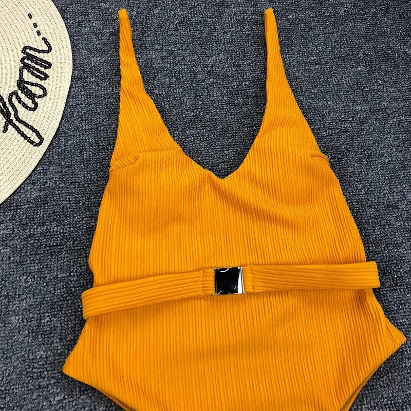 V Neck Ribbed High Leg Cut Women Swimwear One Piece Swimsuit Female Backless Monokini Bather Waist Belt Bathing Suit Swimwear