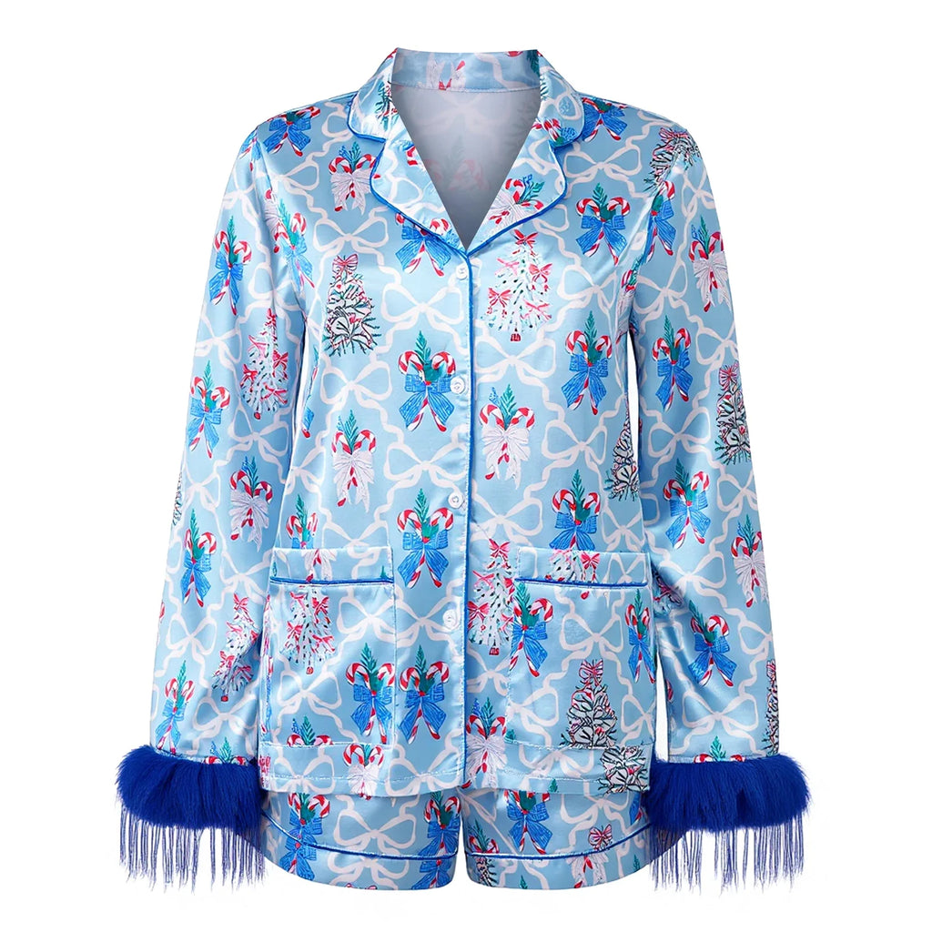 Women Satin 2025 Christmas Pajama Set Bow/Tree Print Long Sleeve Shirt with Shorts Two Pieces Sleepwear Loungewear