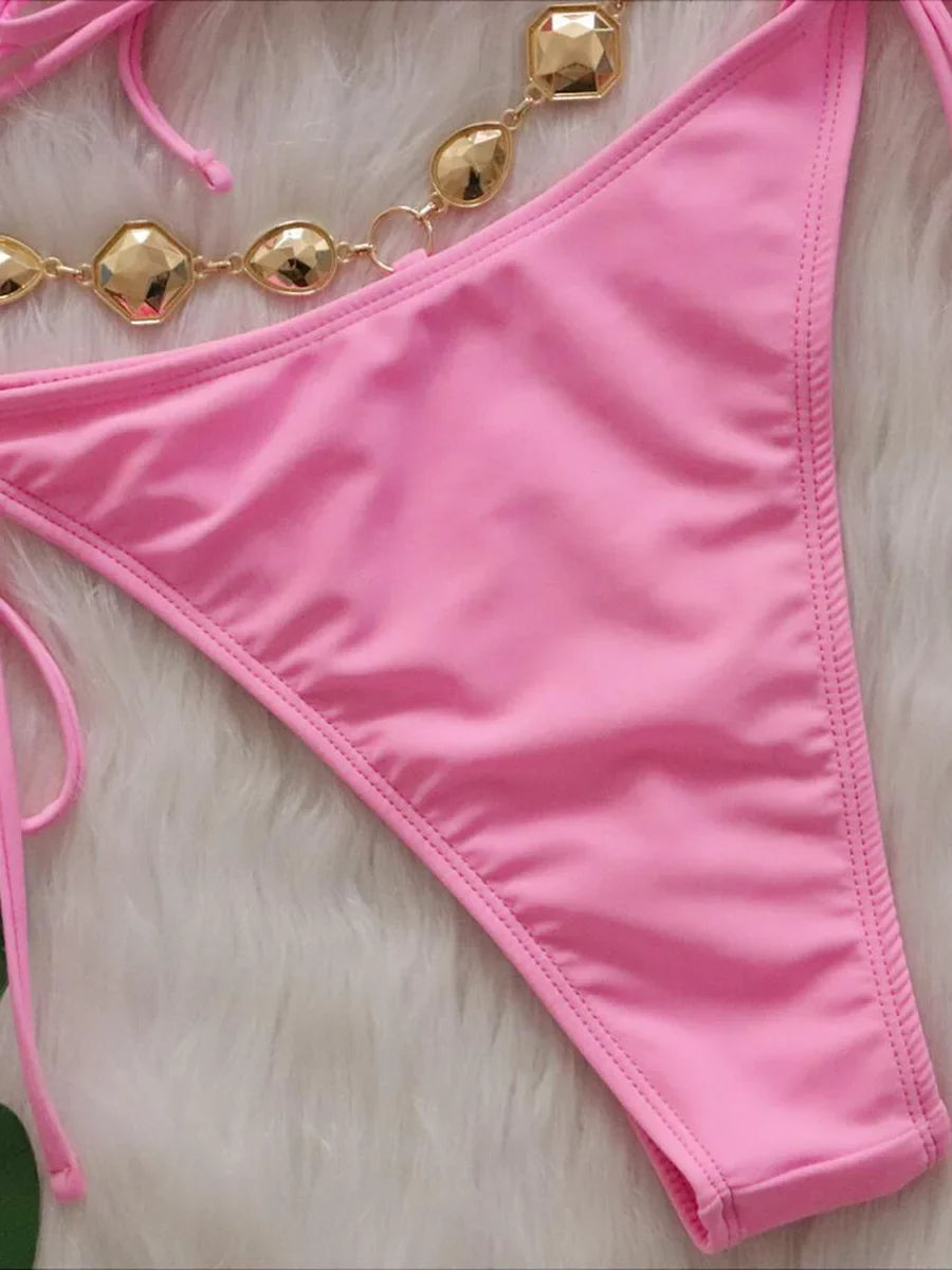 Wrap Around Halter Rhinestones Diamond Bikini Women Swimsuit Female Swimwear Two-pieces Bikini Set Bathing Suit Swim Beach Wear