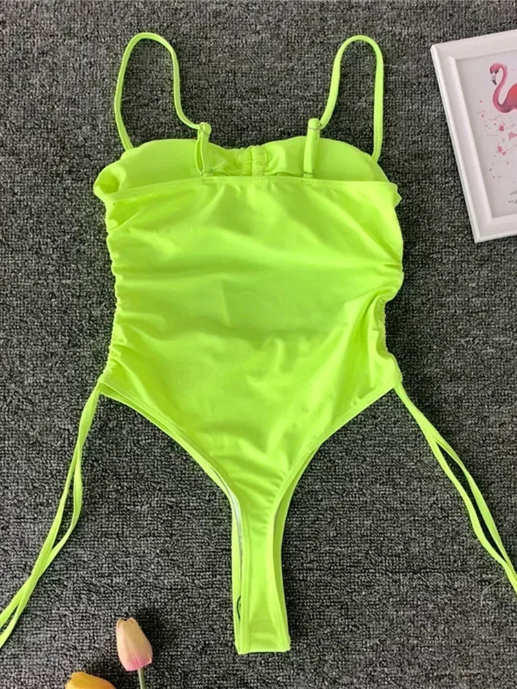 Neon Green Tummy Cut Out Female Swimwear One Piece Swimsuit Women Thong String Monokini High Leg Cut Bathing Suit Swim Bodysuit