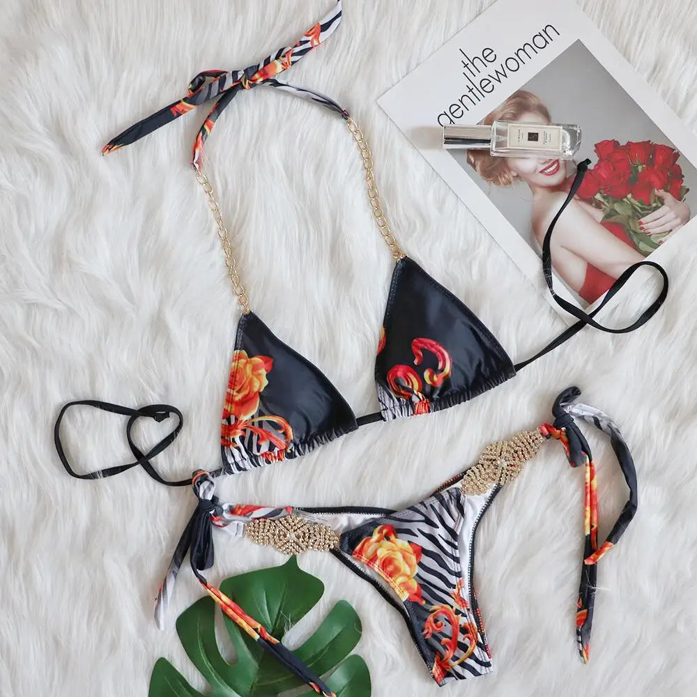 2026 Sexy Three Piece Bikini Set Women Luxe Rhinestone Metal Chain Print Swimwear Swimsuit Bikinis Set Bathing Suit Beach Bikini