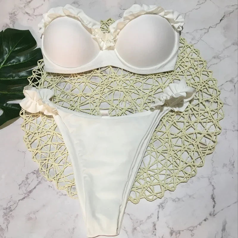 Leopard Ruffled Bra Cup Bikini 2025 Women Bandeau Swimsuit Female Swimwear Two Pieces Bikini Set Push Up Bathing Suit Swim Lady
