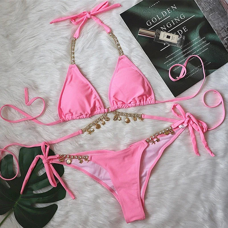 Wrap Around Halter Metal Chains Bikinis 2025 Diamond Bikini Women Swimsuit Female Swimwear Two Pieces Bikini set Bathing Suit