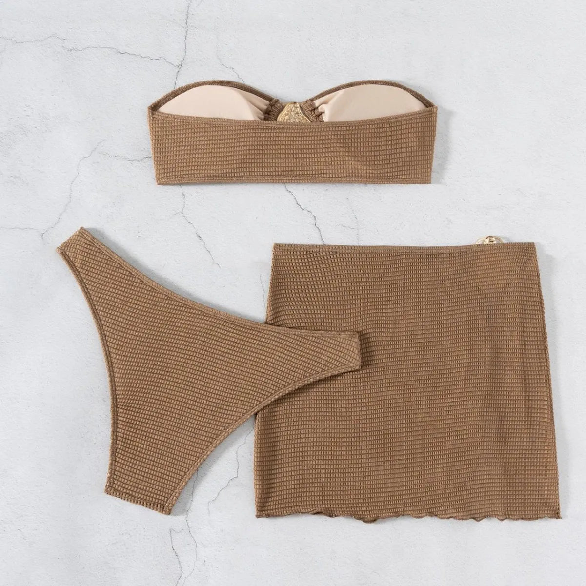2026 New Sexy Bandeau Bikini Women Metal Water Droplet Ornament Push Up Mesh Skirt 3 Piece Swimsuit Beach Bathing Suit Swimwear