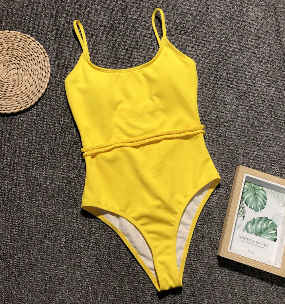 4 Colors Sexy One Piece Swimsuit Swimwear Women Solid Special Fabric Bathing Suit Beachwear with Waistband Maillot De Bain Femme
