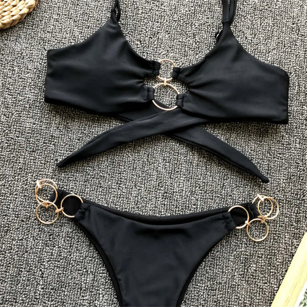 Sexy Metal Rings Leopard Brazilian Bikini Female Swimsuit Women Swimwear Two-piece Bikini set Bather Bathing Suit Swim V1441L