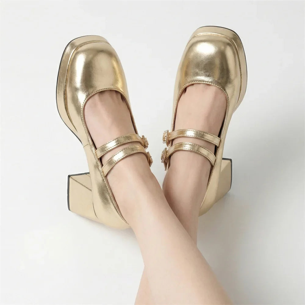 Big Size 32-46 Y2K Metallic Mary Jane High Heels Women Shoes Round Toe Double Straps Rhinestone Buckle Platform Block Heel Pumps