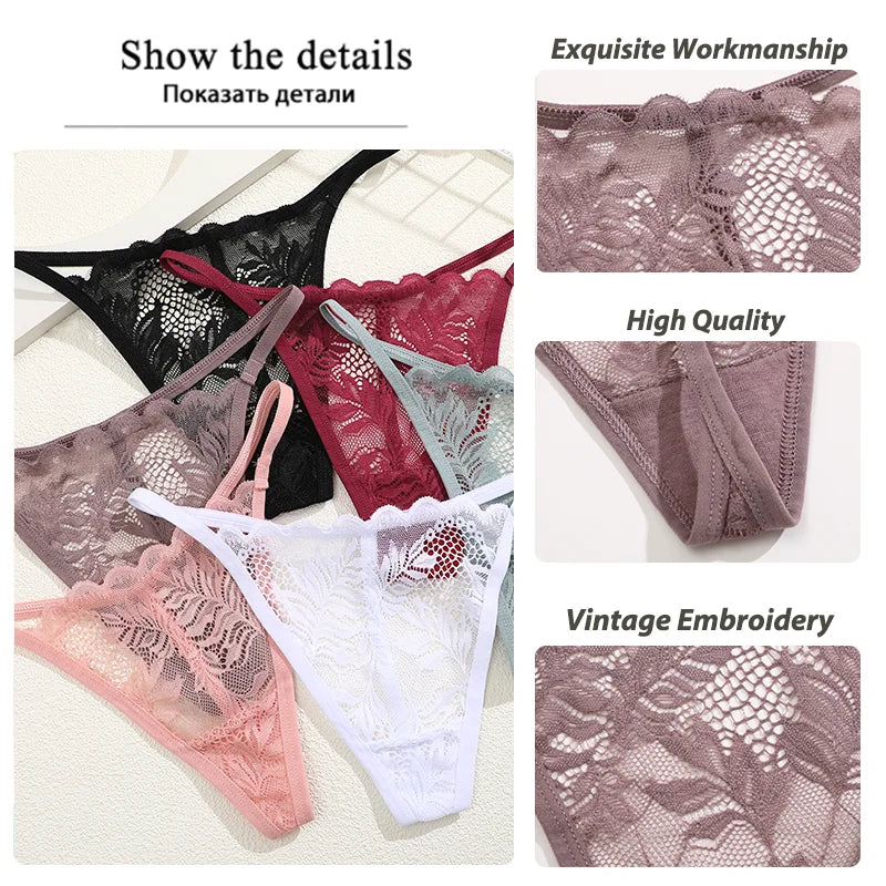 4PCS Sexy Hollow Out Lace Women Lingerie Underpants Female Lace Transparent G-string Thong Low Waist Female Soft Intimates S-XL