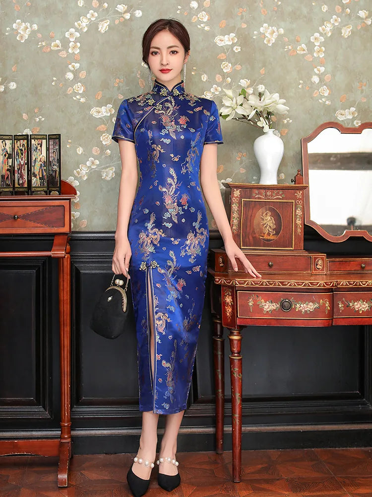 Large Size Sexy Slim Long Qipao Dress Women Retro Elegant Cheongsam Short Sleeve Brocade Dragons and Phoenixes Clothes Vestidos