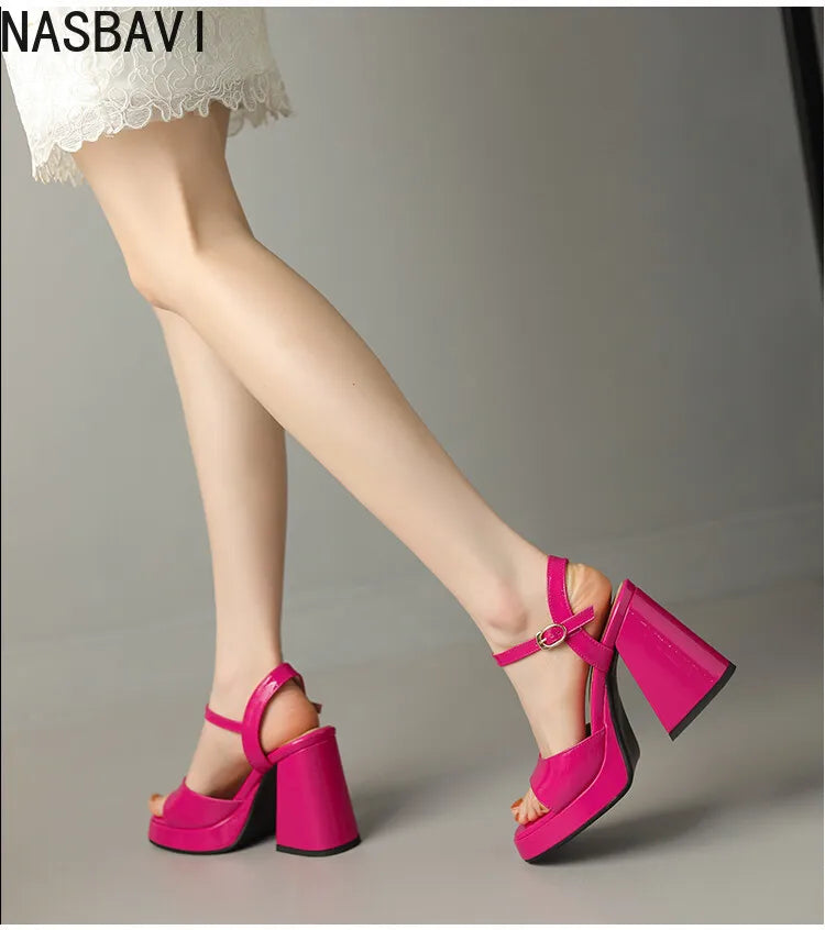 NASBAVI Women Patent Leather Sandals Super Chunky High Heeled Ankle Buckle Shoes Platform Summer Thick Heel Sandal Ladies 35-43