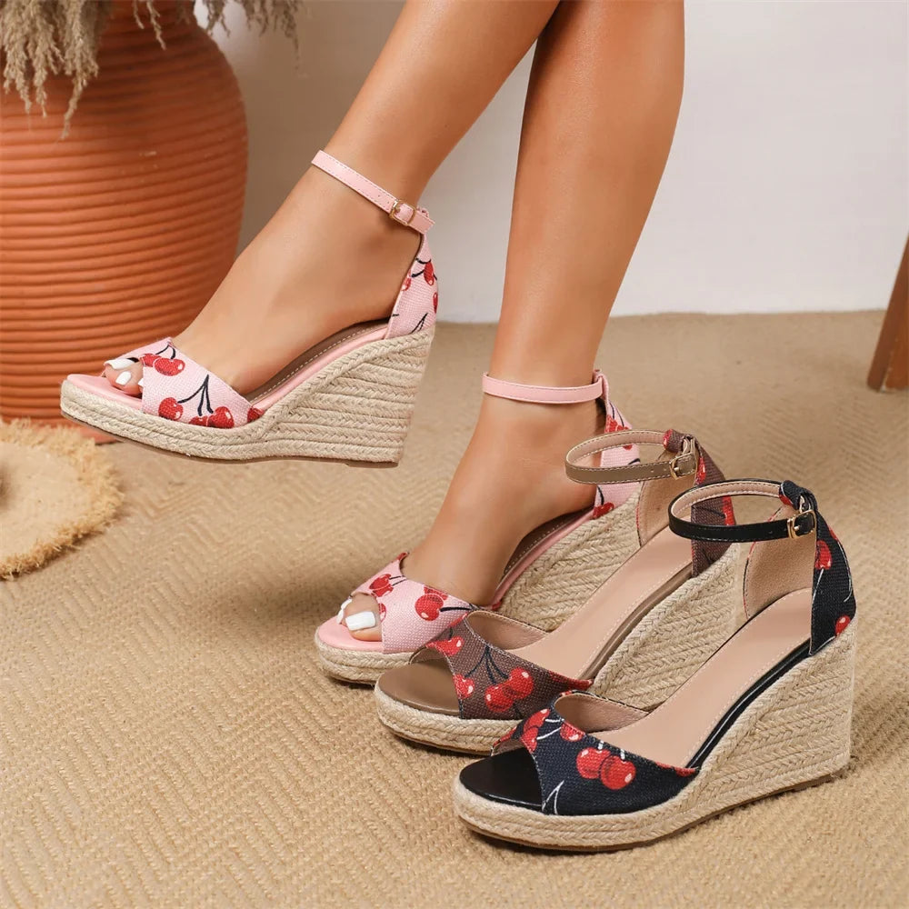 EUR Size 45 Leisure Espadrille Wedge Sandals Women Cherry Summer High Heels Shoes Beach Vacation Platform Ankle Strap Sandals
