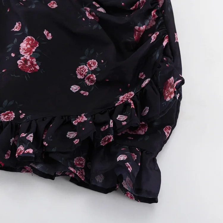 FDYOUI Elegant V-neck Floral Printed Short Dress High Street Women's Puff Sleeve High Waist Tunics Ruched Vacation Party Dresses