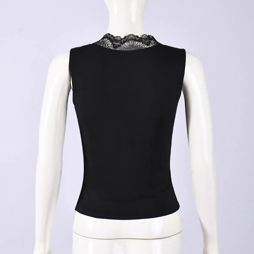 2026 Spring Summer New Arrival Elegant Sleeveless Women's Short Top Chic Fitted Lace-Panel Deep V-Neck Crop Tank Top Commute