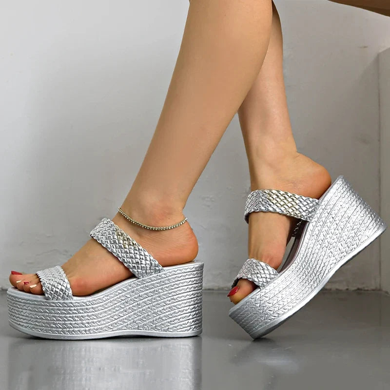 Silver Chunky Platform Slippers for Women 2026 Summer Thick Bottom Wedges Sandals Woman Plus Size 45 Woven Beach Sandles Female