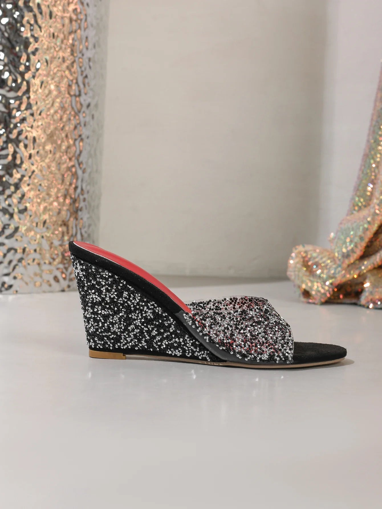 Fashion Slippers Peep Toe Wedges High Heels Slippers Shiny Rhinestones Comfortable Shoes for Women Slide Summer Zapatos De Mujer