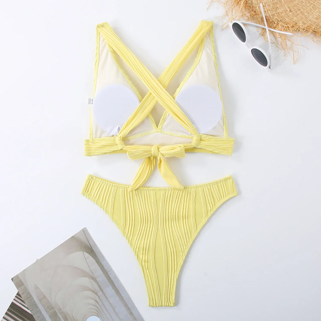 Wrinkled Crinkled Cross Back Bikini Women Swimwear Female Swimsuit Two-pieces Bikini Set High Cut Bathing Suit Swim Beach Wear