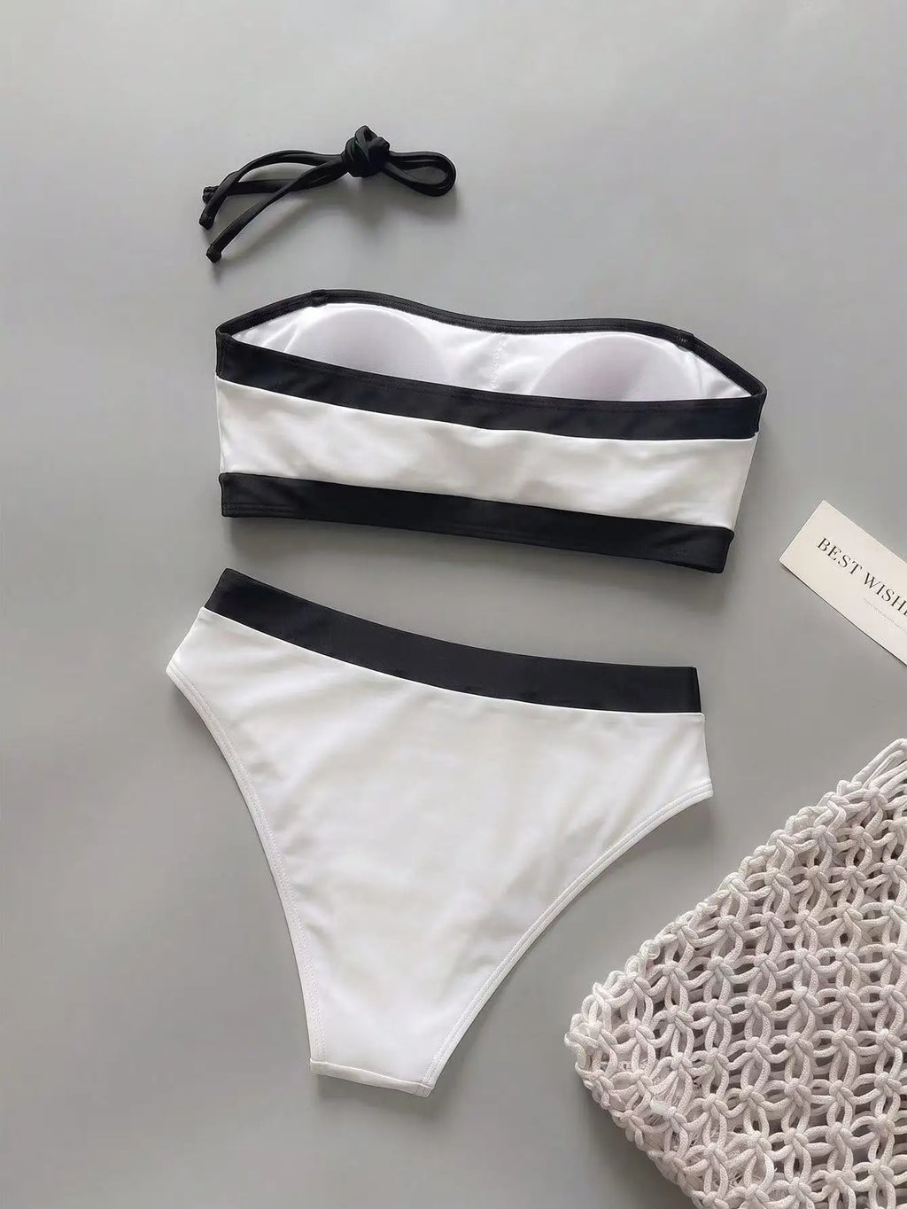 Sexy White Black Patchwork Bikini Set 2026 Women Bandeau Push Up Bra High Waist Swimsuit Beach Bathing Suit Holiday Swimwear