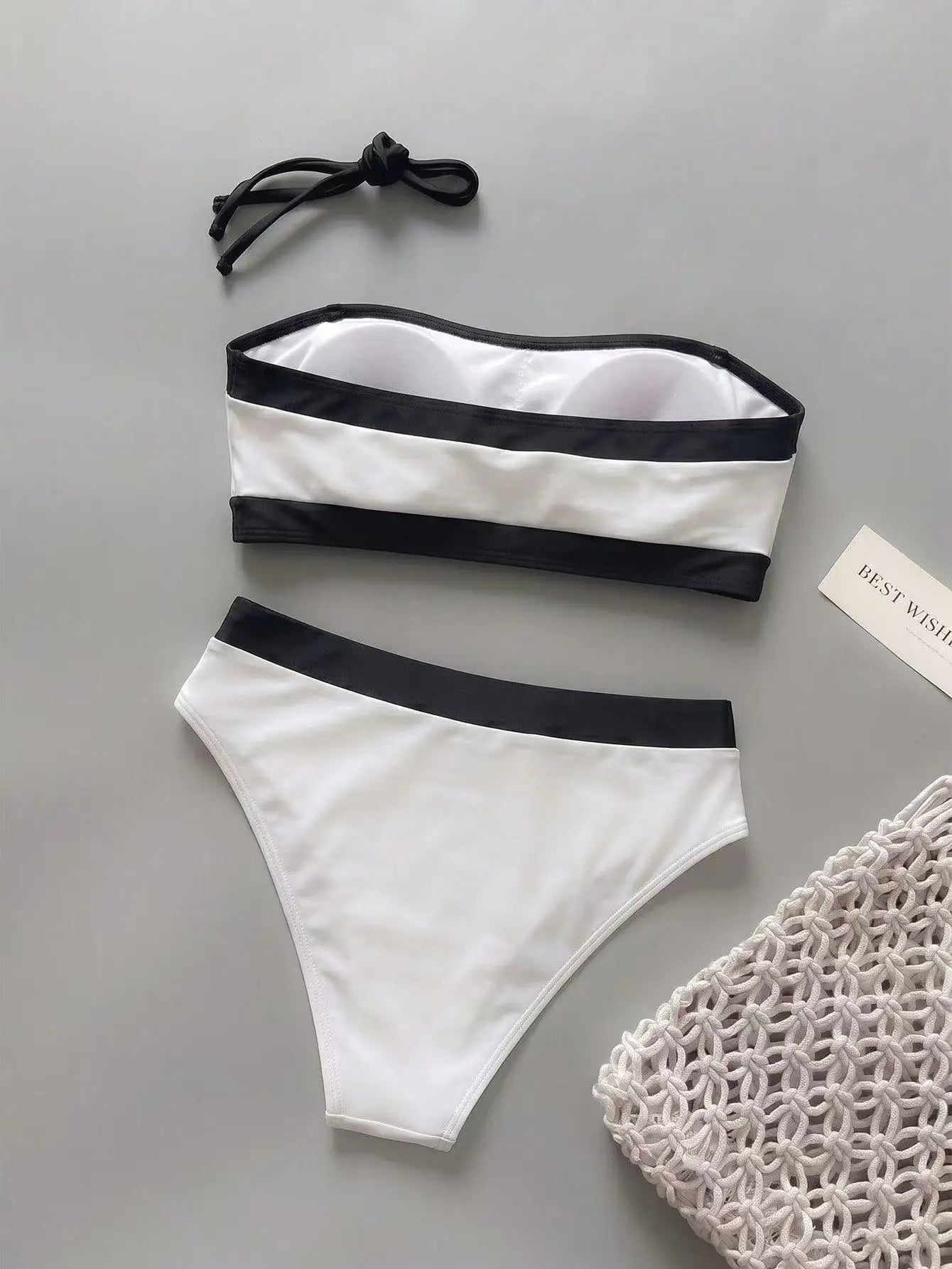 Sexy White Black Patchwork Bikini Set 2026 Women Bandeau Push Up Bra High Waist Swimsuit Beach Bathing Suit Holiday Swimwear