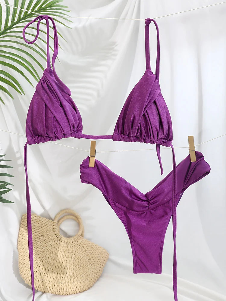 Miyouj Glitter Fabric Bikinis 2026 Sexy Bikini Set Folds Swimsuit Female Halter Bathing Suit Women Swimwear New Beachwear