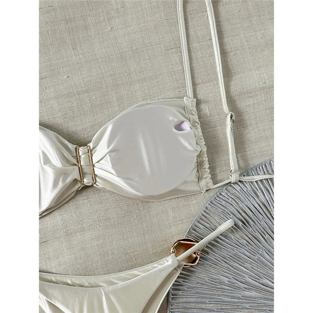 Sexy Metal Ring Bikini Women Swimwear Female Swimsuit Two-Pieces Bikini Set High Cut Leg Padded Bather Bathing Suit Swim V8311