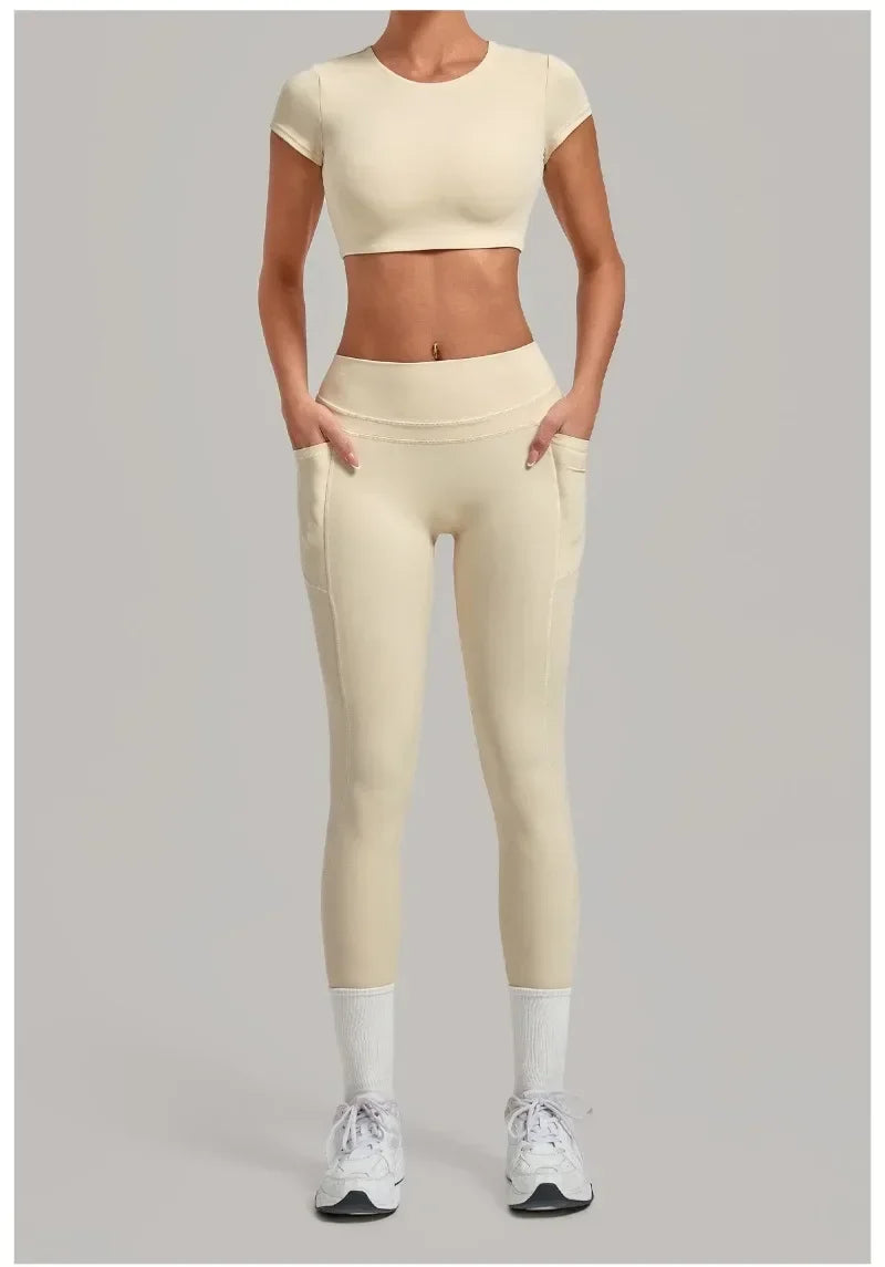 Women's Seamless Yoga Sets Sports Running High Waist Hip-lifting Pants Backless Short-sleeve Suits Workout Fitness Leggings Sets