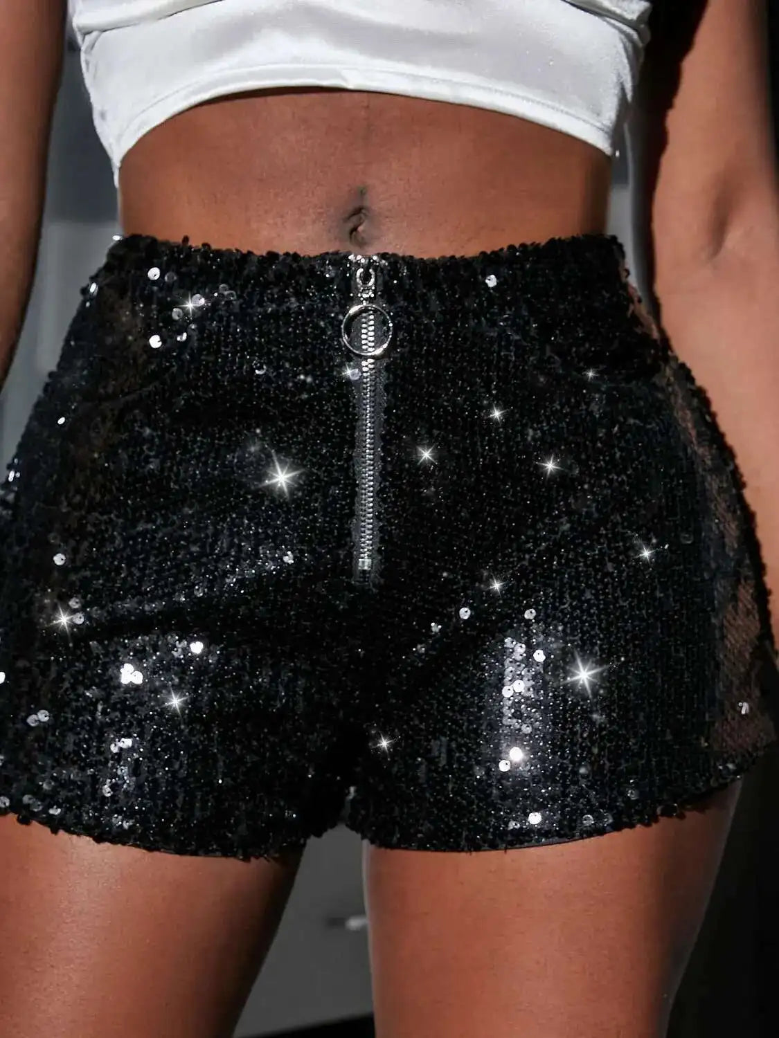 New Versatile Sequins High Waist Shorts Casual Shorts Bar Dance Performance Shorts Shine Zipper Sexy Pure Desire Nightclub XMWV
