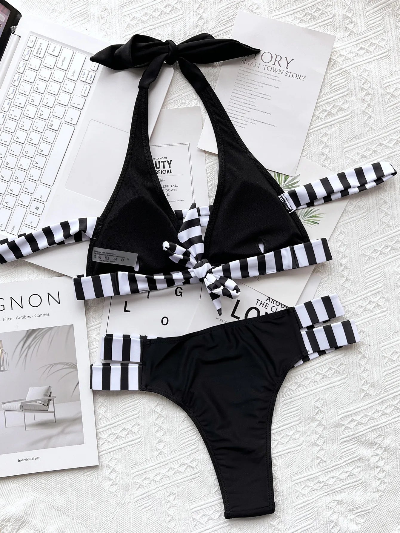 New Sexy Bikini Women Swimwear Swimsuit Striped Patchwork Hollow Halter Knotted High Waist Bikinis Set Bathing Suit Beach Bikini