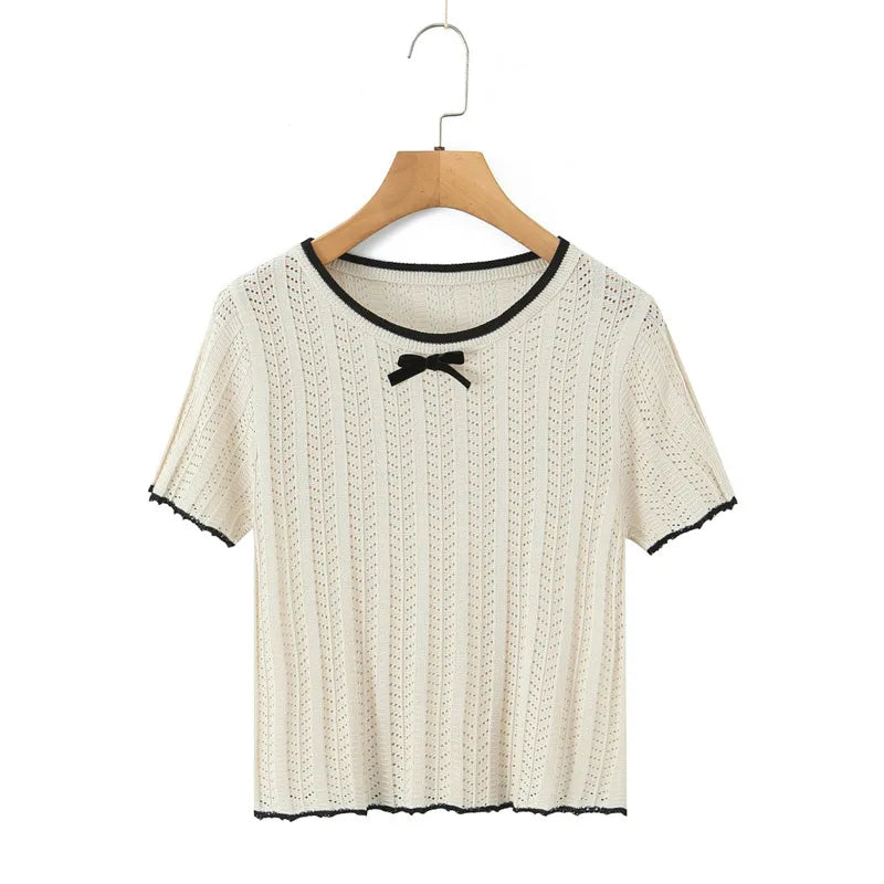 Fashion Casual Knitted Shirt With Black Trim Bow Knit T Shirt Short Sleeve Hollow Out Crew Neck Top For Women Daily Outfit EMZE