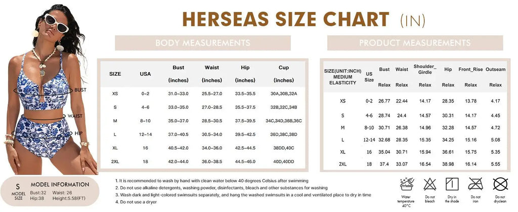 Women Sexy Floral Bikini High Waist Tummy Control Floral Bikini U Line Cross Back Padded Bikini Two Piece Beach Swimsuit