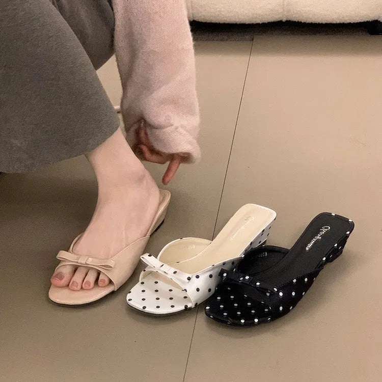 2026 New Polka Dot Wedges Heels Women Slippers Fashion Open Toe Butterfly-knot Party Dress Slide Summer Outdoor Daily Wear Shoes