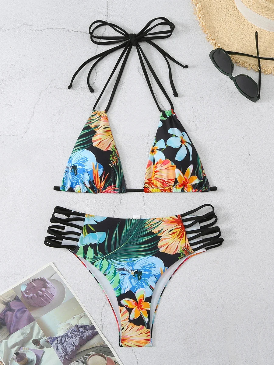 Halter String Floral Bikini 2026 High Waist Swimsuit Women Padded Swimwear Female Bathers Bathing Swimming Swim Suit Beachwear