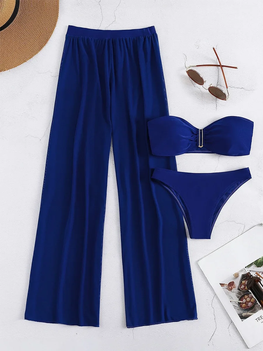 3 Pieces U Wired Bandeau Bikini 2026 Sexy Swimsuit Women & Beach Pants Swimwear Female Beachwear Bathers Bathing Swimming Suit