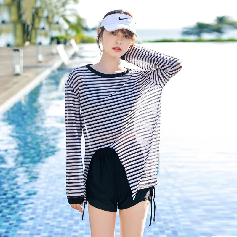 Swimsuit Plus Size Girl Conservative Split Fashion Sports Sunscreen Long Sleeved Slimming Hot Spring Three Piece Set