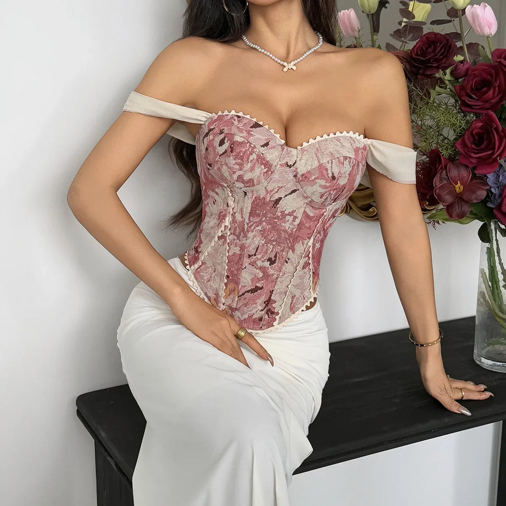 Retro Red Floral Print Corset Tank Top Sexy Back Criss Cross Bandage Bustier Lace Trim Night Club Party Slim Fishbone Camisole