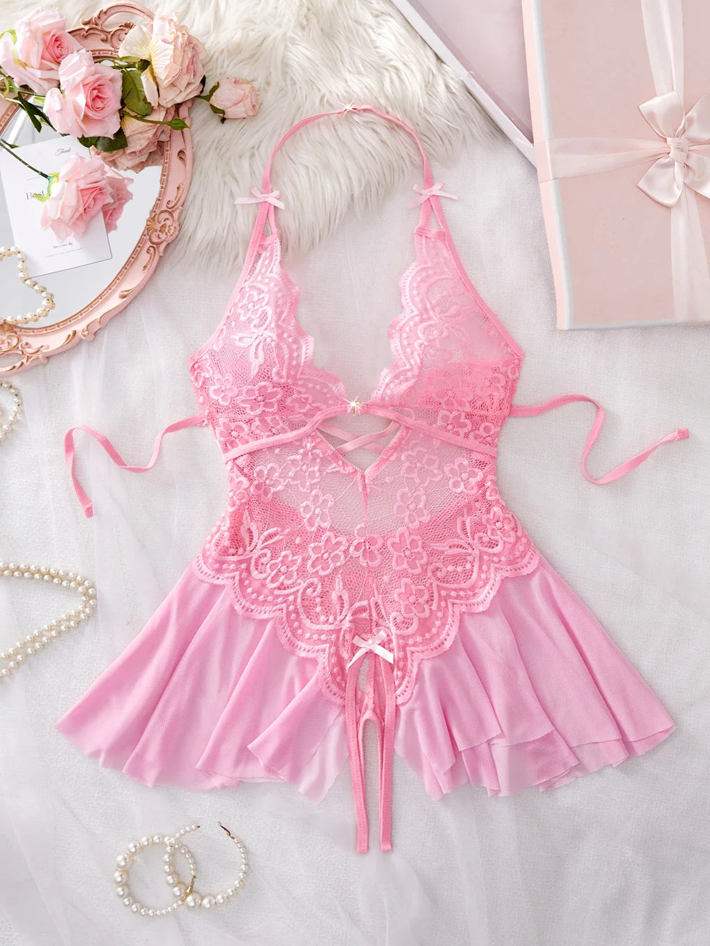 Bodycon Teddy Dress Crotchless Sheer Underwear Set Lace See Through Halter Deep V Sexy Lingerie Sultry Nightwear For Date Night