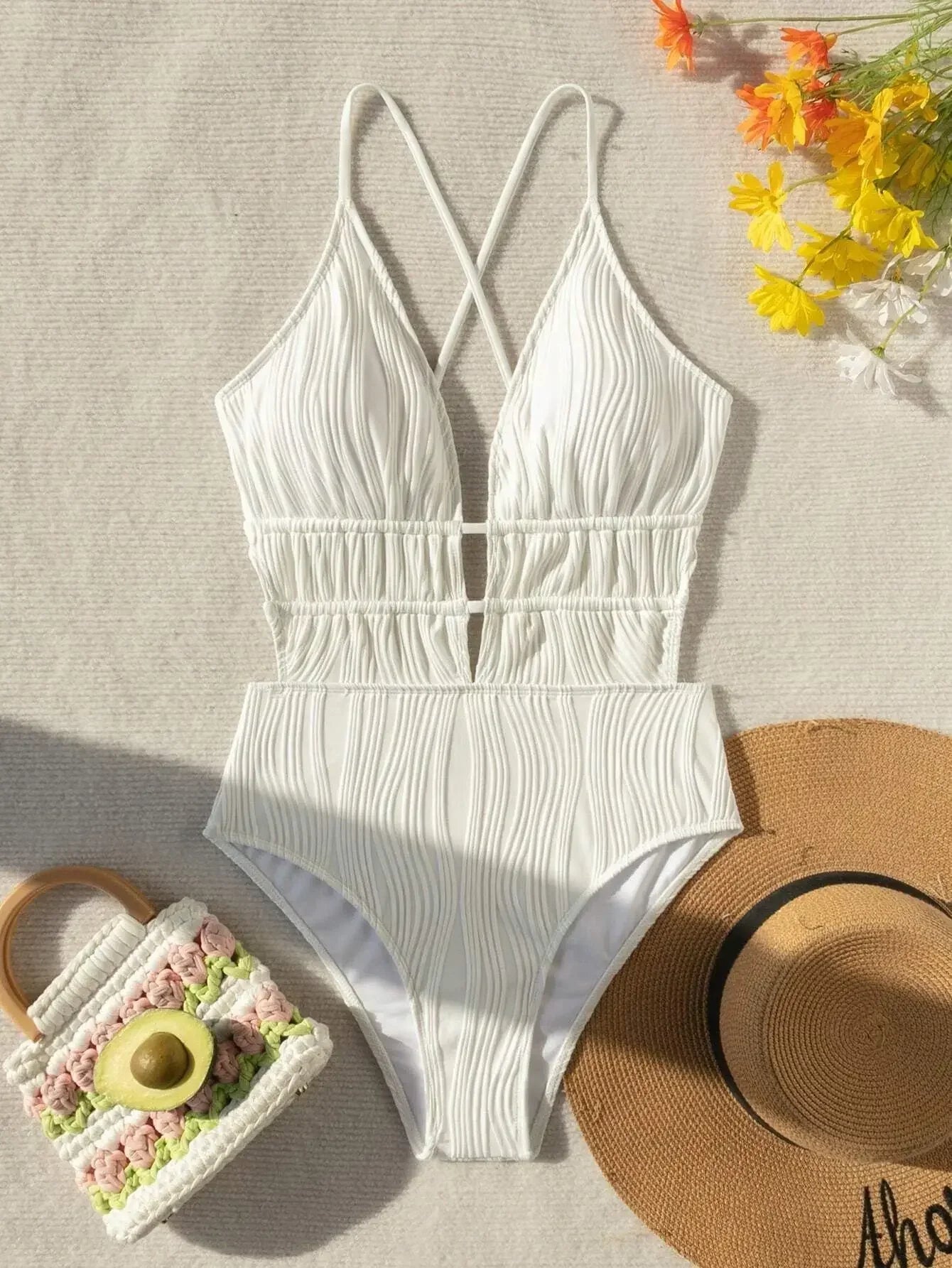 Sexy Ribbed Swimsuit One Piece Deep V-neck Bikinis Bodysuit Back Tie Swimwear High Waist Bathing Suit Beachwear Biquini Tankini