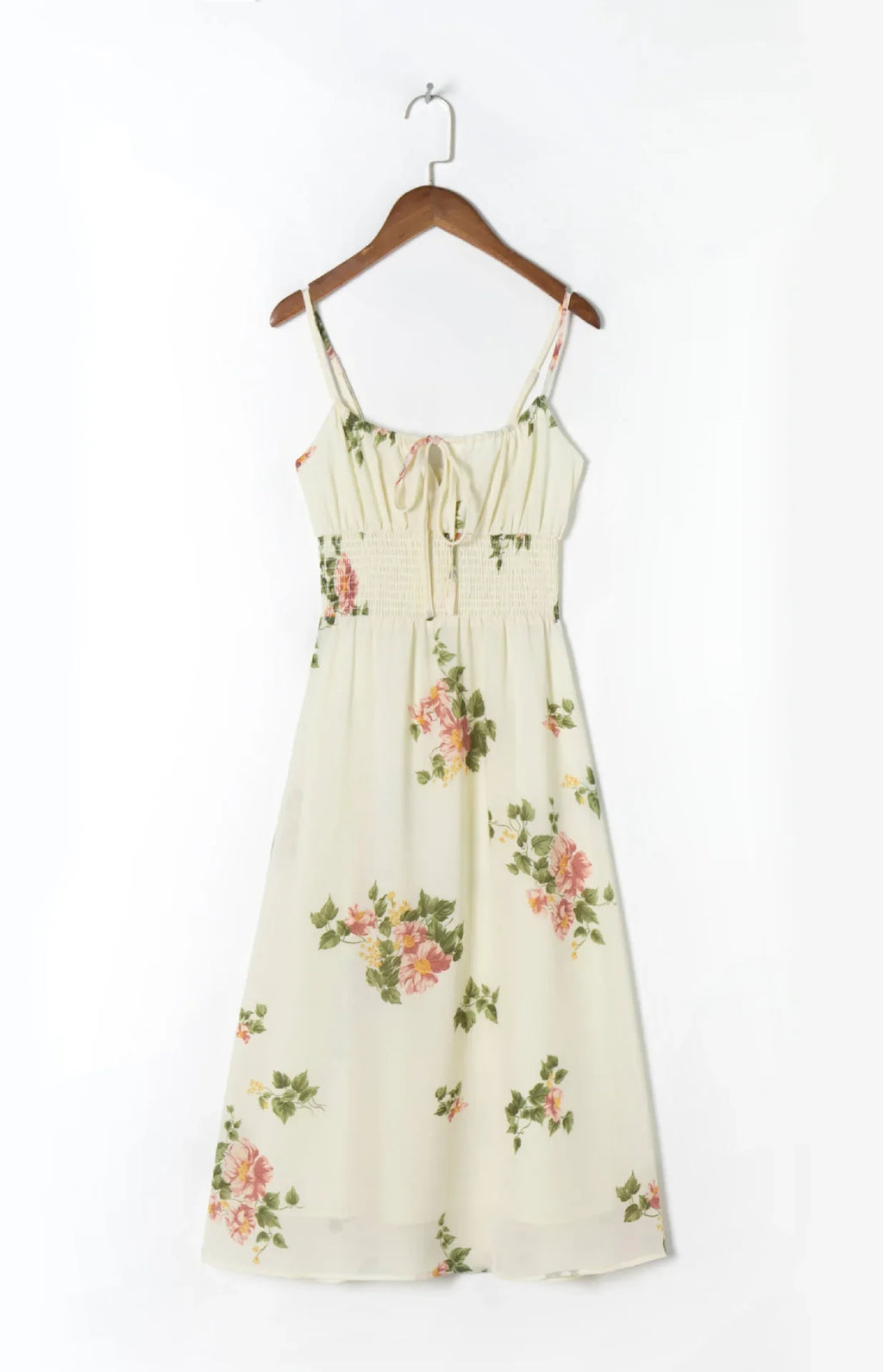 Spaghetti Strap Lace Up Beige Chiffon Summer Dress Sexy Slip Midi Sleeveless Dress Robe Big Flower Print Women Beach Dress Boho