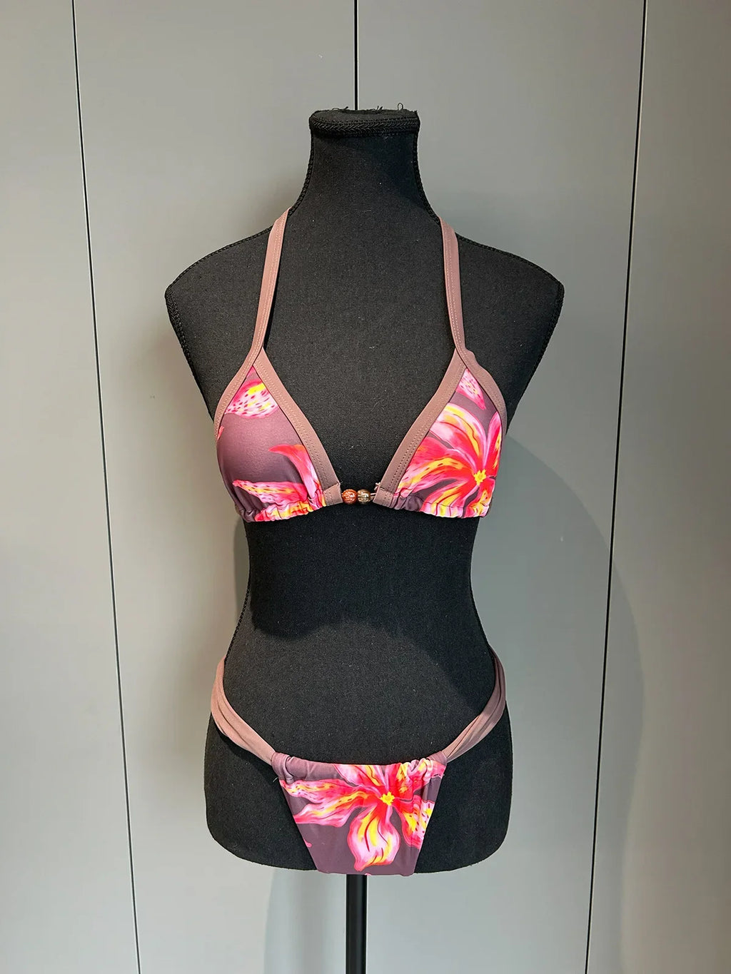 Boho Style Women's Floral Print Swimsuit Sexy Backless Lace-up Swimwear Push Up Thong Bathing Suit Female Bikini Set Beachwear